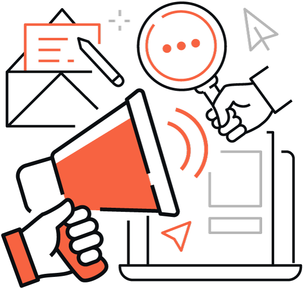 Import viszonteladás Határokon átnyúló EC Digitális marketing eszközök, például megafon, kereső ikon, mobil, dokumentumok stb. grafikus illusztrációja, narancssárga és fekete színsémában.